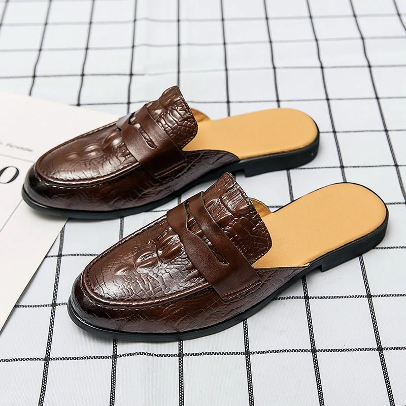 2022 Summer Men Mules Outdoor Leather Casual Shoes Breathable Half Slippers Crocodile Pattern Man Half Shoes Man Penny Loafers