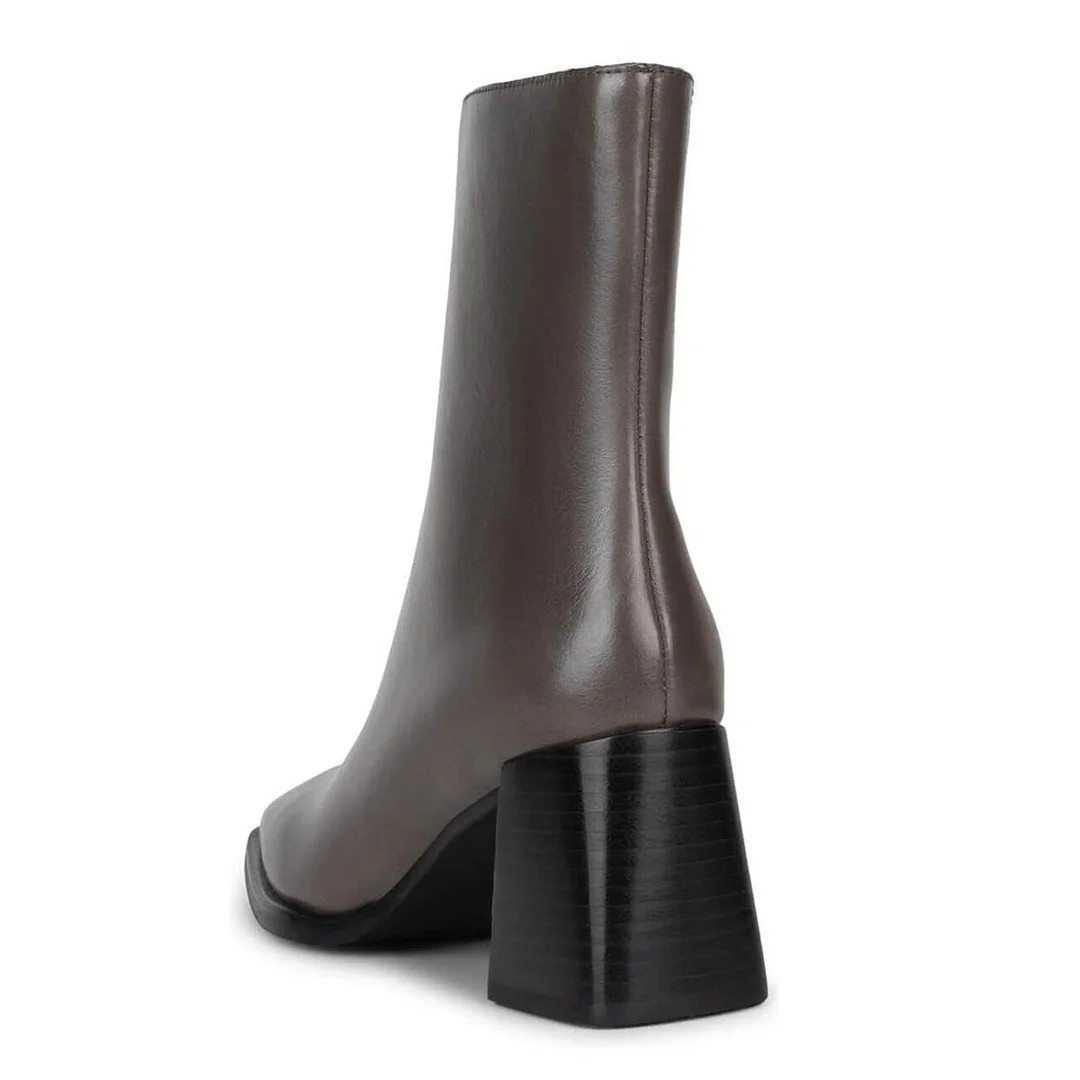 Vegan Leather Square Toe Chunky Heel Zipper Grey Booties for Women
