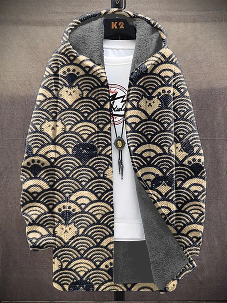 Men's Japanese Art Sea Wave Cat Print Hooded Trench Coat