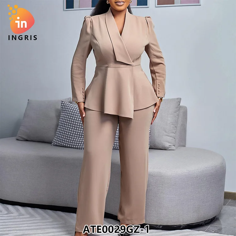 Trendy Winter Outfits For Women Elegant Office Ladies V-neck Ruffle Top And Wide Leg Pants Two Piece Set Women Clothing-ATE0029GZ