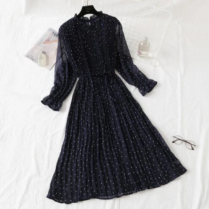 2020 Elegant Women Print Chiffon Dress Long sleeve Lotus leaf collar Pleated Dress Female Casual Midi Dresses vestidos mujer