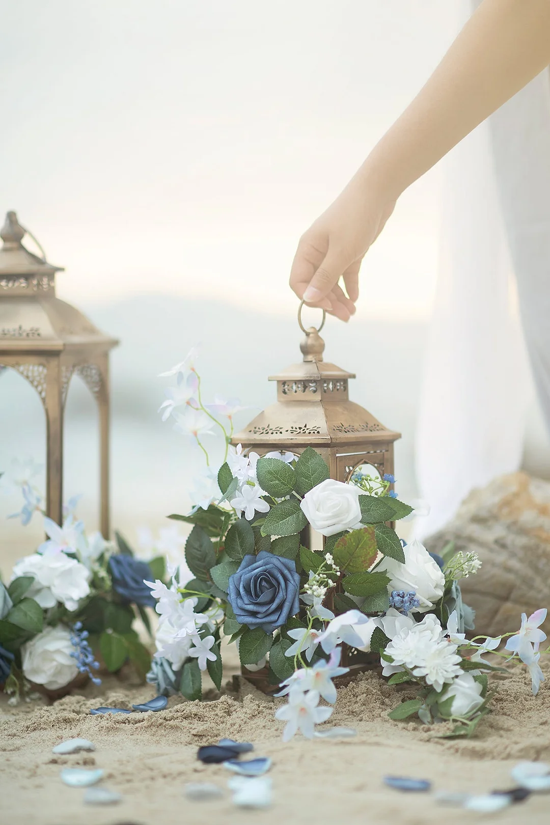 Lantern Floral Arrangements in Dusty Blue & Navy