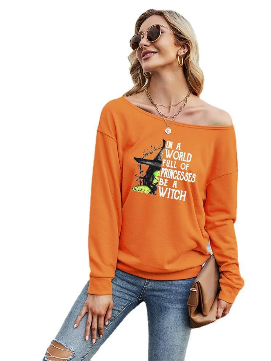 Women's Hoodie Halloween Witch Cartoon Off the Shoulder Long Sleeve Pullover Tops