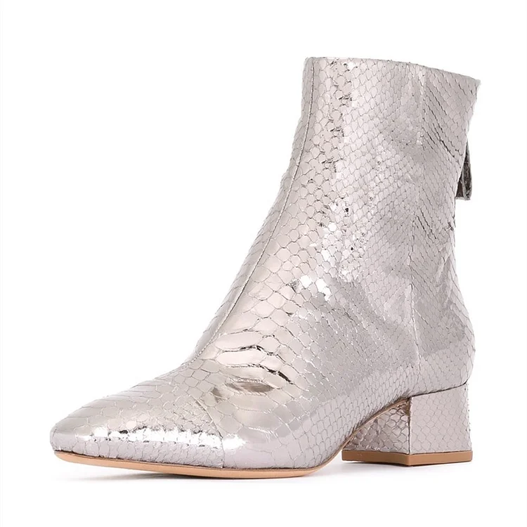 Silver Metallic Python Block Heel Ankle Boots |FSJ Shoes