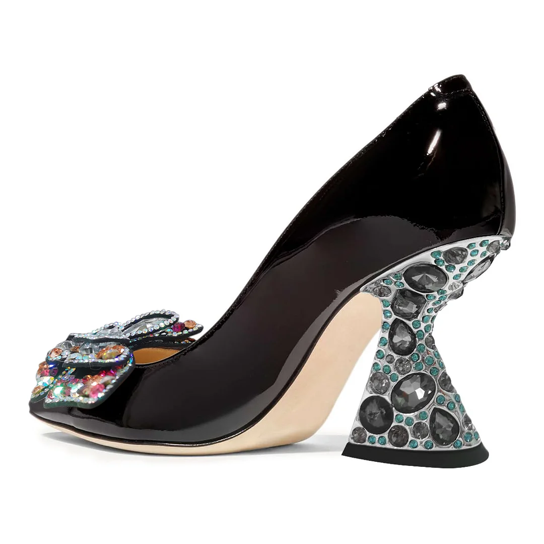Black Patent Leather Pointed Toe Colorful Rhinestone Butterfly Pumps 