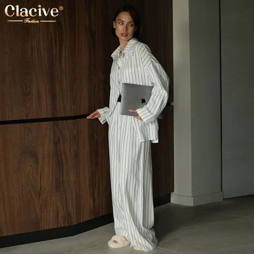 Uforever21 Fall Outfits  Fashion Loose Stripe Office Two Piece Set Women Outfit 2023 Elegant Long Sleeve Blouse With High Waist Wide Pants Set
