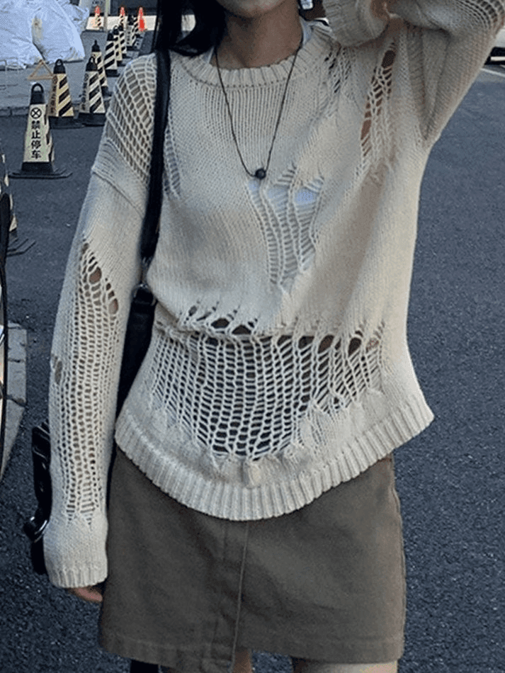 Toloer Distressed Crochet Knit Sweater-Outfit Ideas