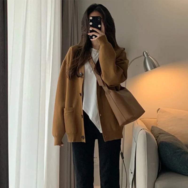 Aesthetic Preppy Style Caramel Loose Cardigan SS2359