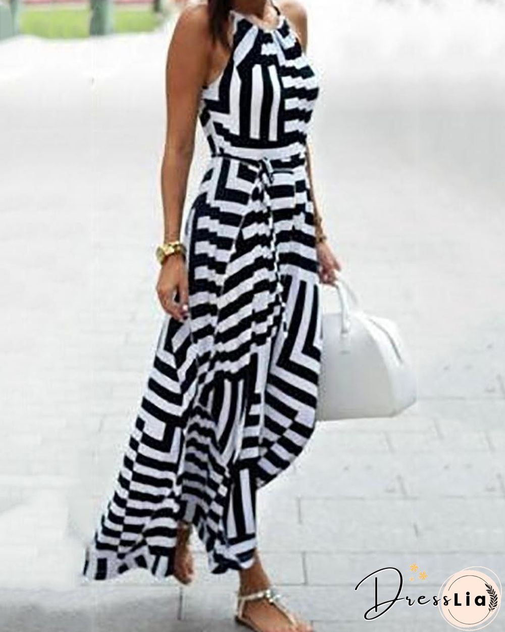 Contrast Color Halter Geo Print Casual Maxi Dress P11036