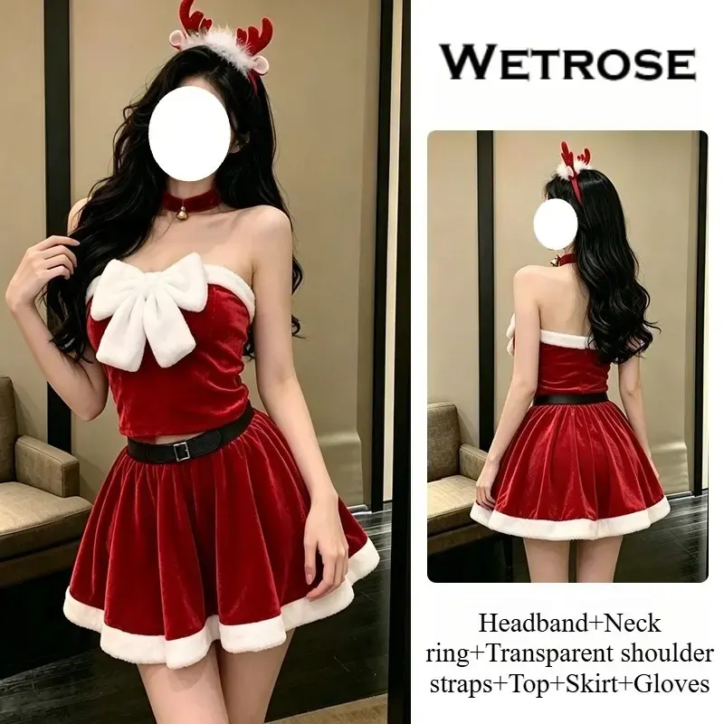 [Wetrose]In Stock Christmas Santa Strapless Bow Velvet Outfit Holiday Party Fancy Dress Cosplay Costume Xmas 