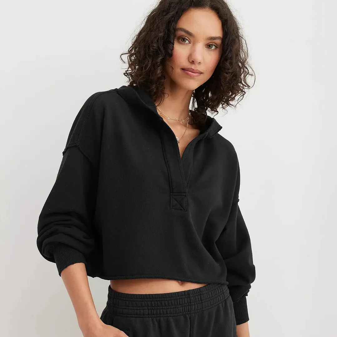 Women's Vintage Washed Hoodie Half Zip Cropped Oversized Hoodie Casual Women Sweatshirt
