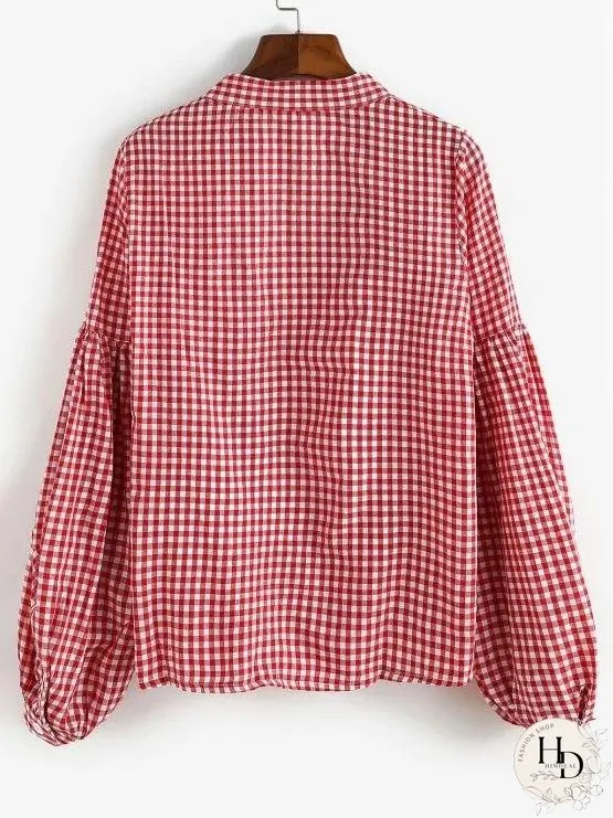 Button Up Gingham Lantern Sleeve Shirt for Women