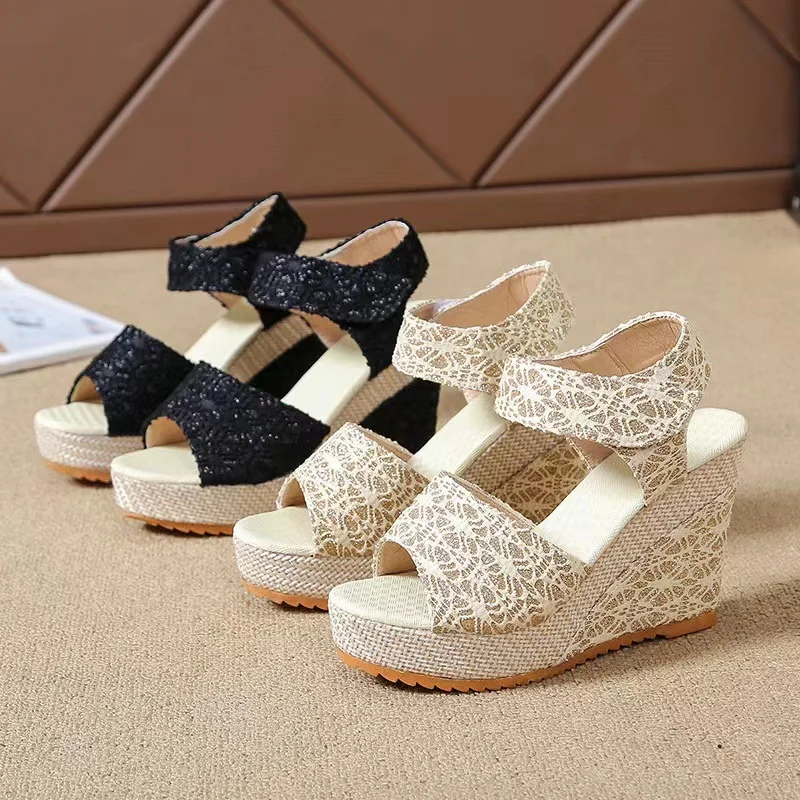 Breakj Breakj Summer New Slope And Fish Mouth Sandals Women's Casual Loose Cake Thick-Sed High-Heeled Magic Sticker Women's Shoes