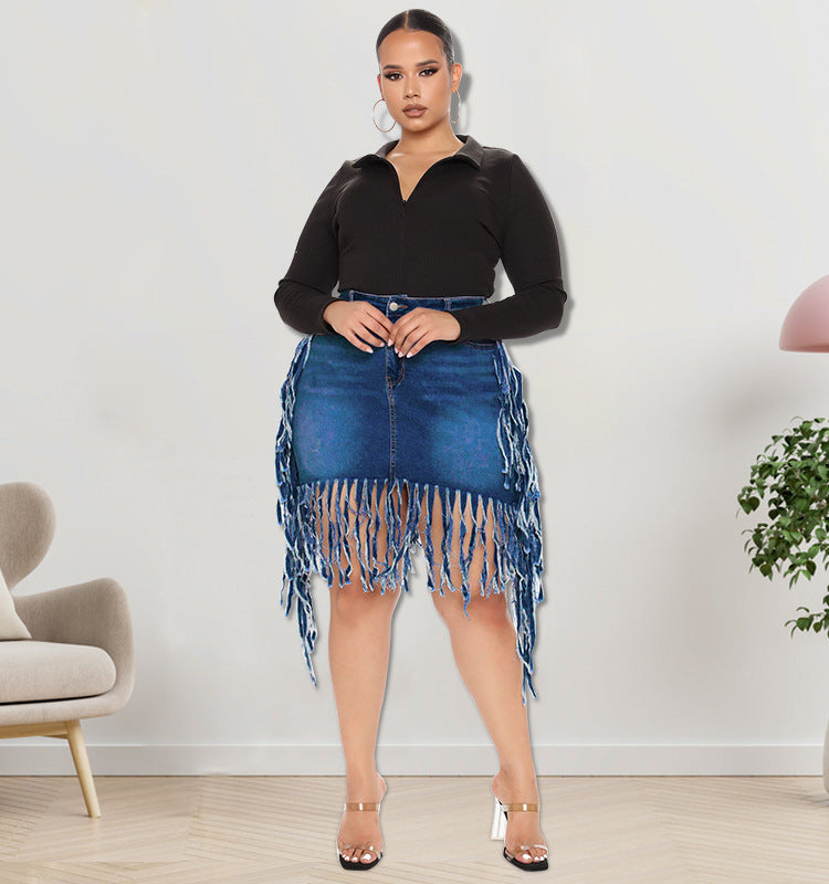 Plus Size Women Clothes Spring  Denim Skirt with Tassel