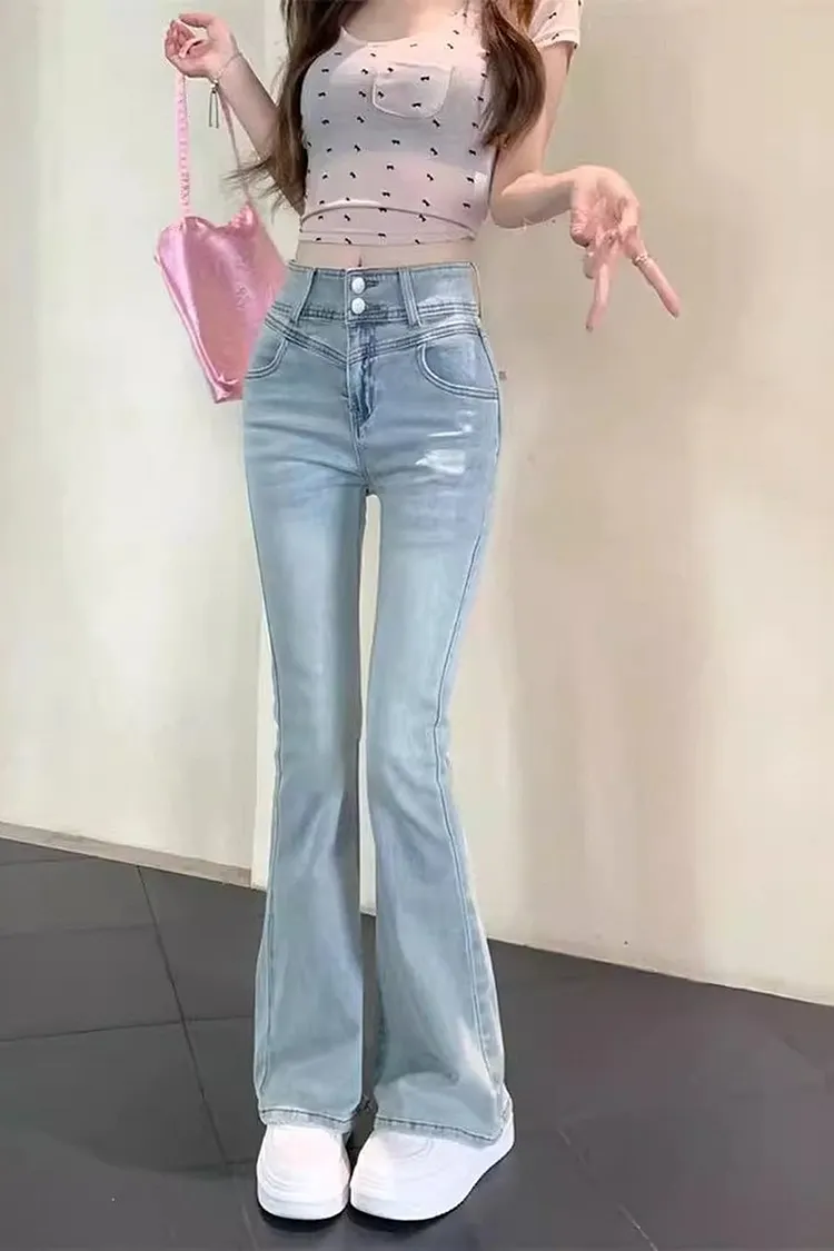 Women's Flared Denim Jeans with Bow Detail