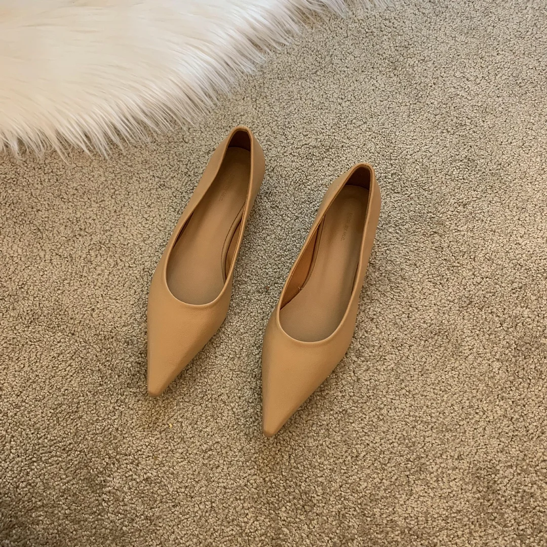 Breakj Soft! Small White Leather Shoes Women's English Low-Heeled Single Shoes Flat-Soled Pointed Shallow Work Shoes Soft Leather