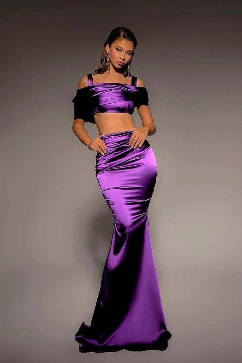 Daisda Purple Sleeveless Spaghetti Straps Off-Shoulders Mermaid Prom Dress