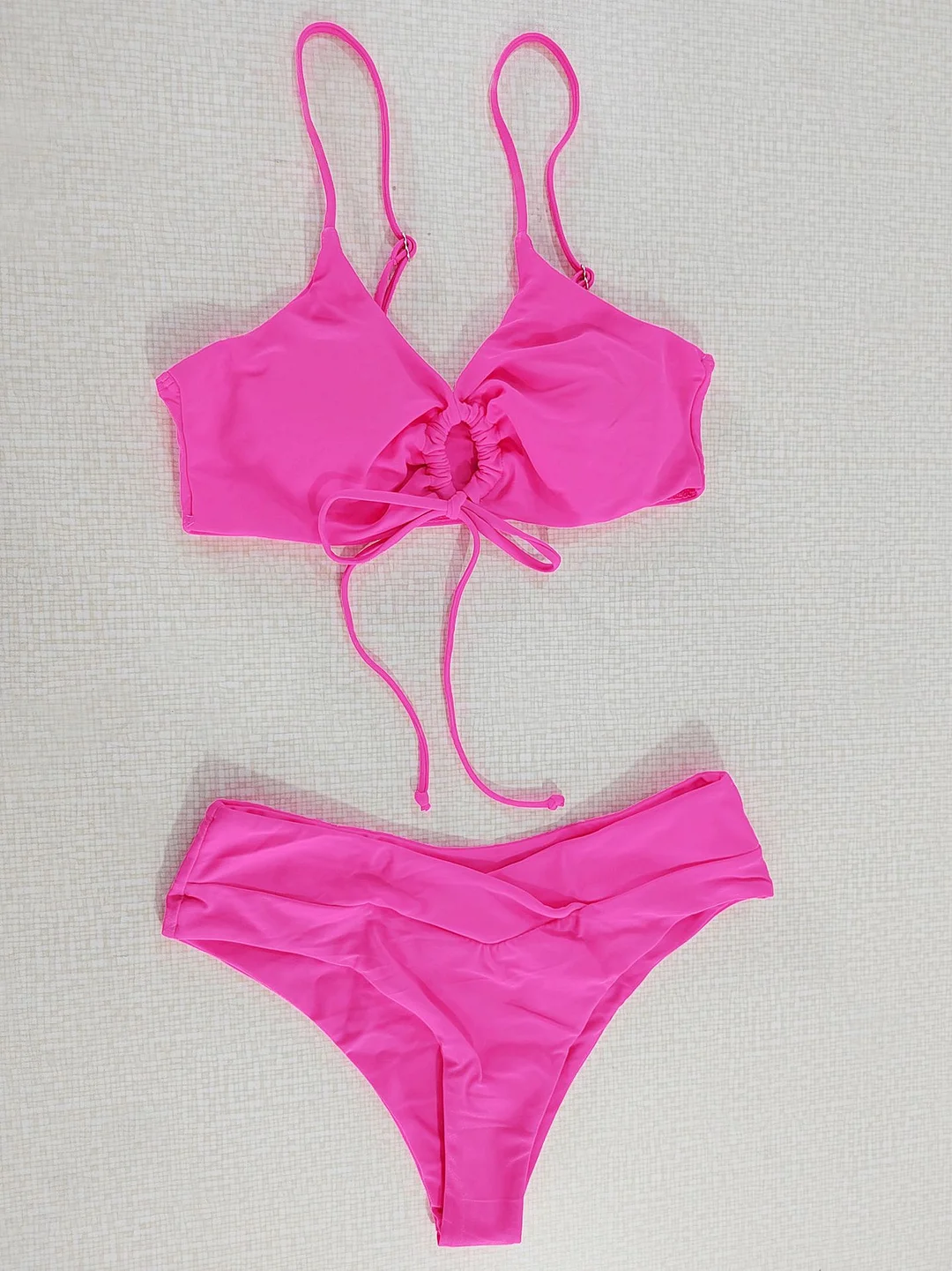 Mongw Mongw New Multi-Color Pure Color Lace Hanging Neck Bow Split Swimsuit Women's Feel Bikini