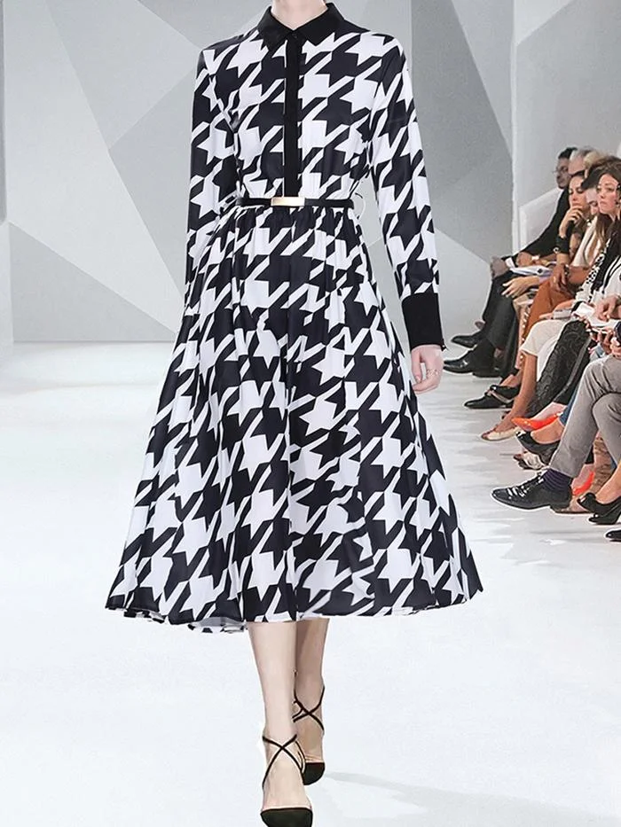 Fashion Lapel Long Sleeve Printed Dress