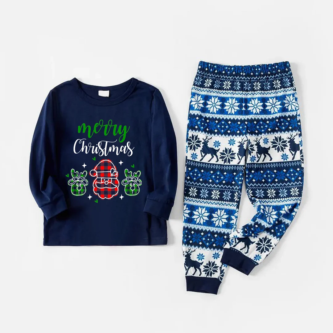 Merry Christmas Text and Santa Claus Print Blue Family Christmas Matching Pajamas