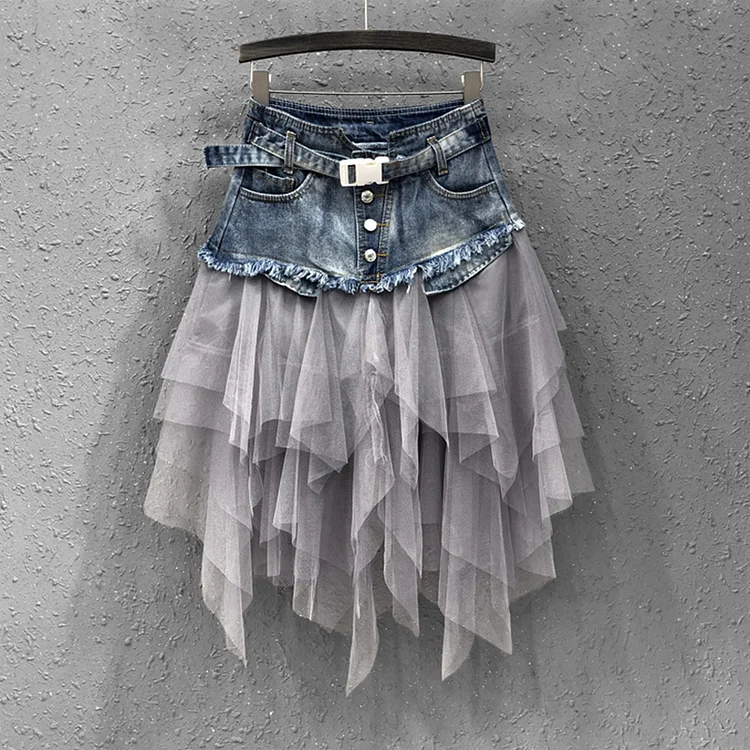 Casual Irregular Mesh Patchwork High Waist Belt Denim Midi Skirt