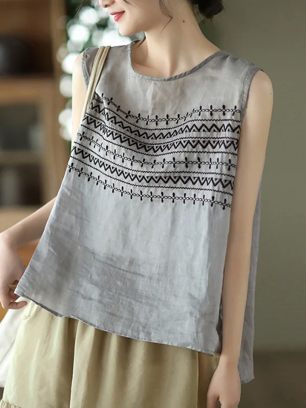 Artistic Retro Roomy Striped Embroidered Vest Top