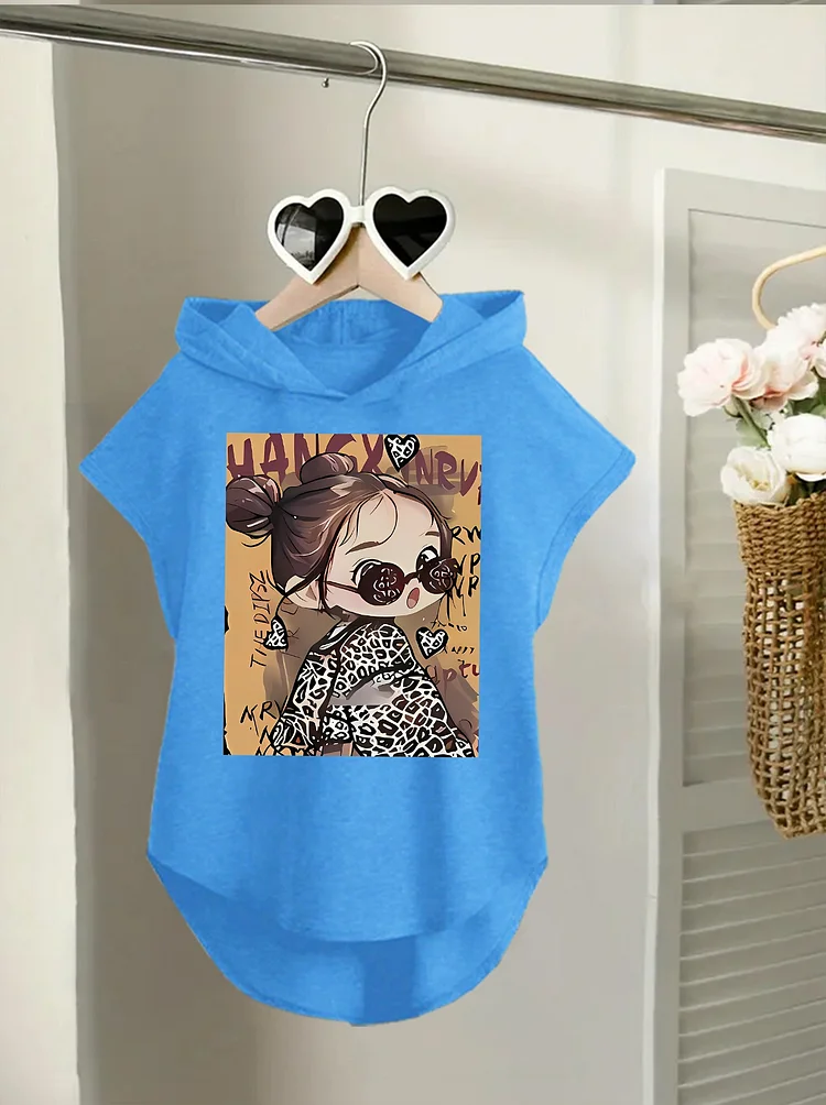 1pc Women's Casual Hooded Sweatshirt With Cartoon Print, Short Sleeve, Loose Fit, Breathable Fabric, Spring/Summer Collection, Alphabet Pattern, Lightweight And Lightweight For Casual Attire