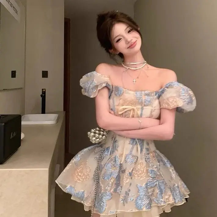 Aiertu French Style Elegant Dresses Socialite Jacquard One Shoulder Short Sleeved Dress Summer Waistband A-line Fluffy Vestido Aiertu
