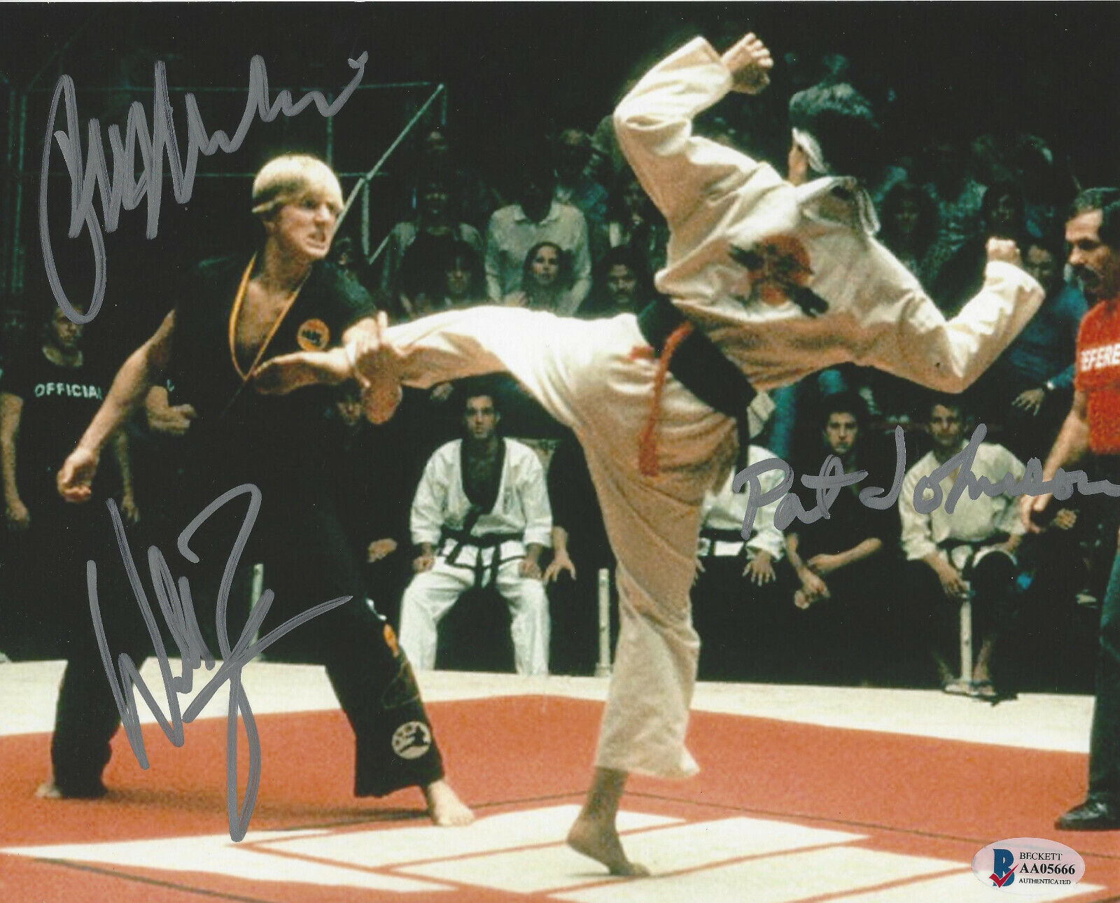 THE KARATE KID (MACCHIO - ZABKA - JOHNSON) SIGNED 8x10 Photo Poster painting BECKETT COA BAS X3