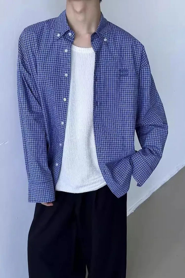 Oversized Plaid Button Down Shirt with Chest Pocket Men's Loose Fit Street