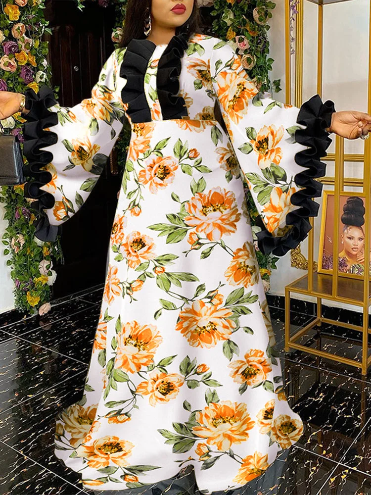 Flower Print Bell Sleeve Stitch Invisible Zip Maxi Dress SKUJ38139 QueenFunky