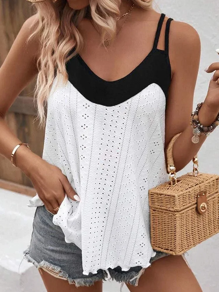 Casual Color Block Scoop Neck Double Strap Hollow Cami Top