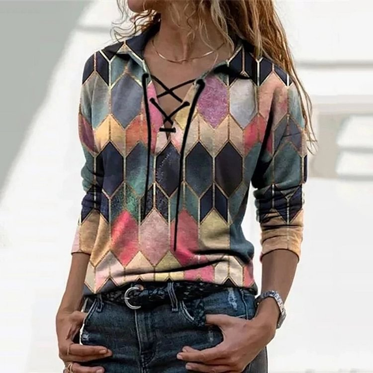Artwishers Loose Printed Long-Sleeved Tie V-Neck T-Shirt