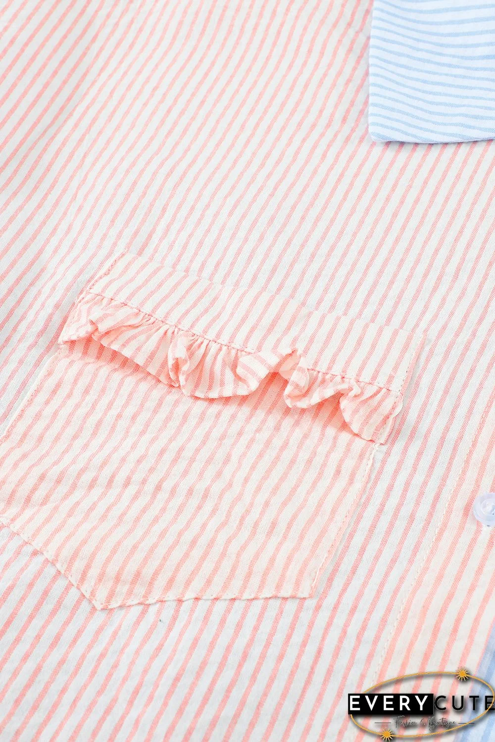 Pink Colorblock Ruffled Trim Pocket Striped Shirt
