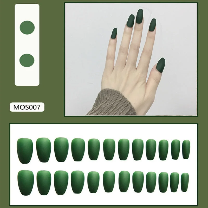 24Pcs Europe and the United State Beam ballerina fake press on nails Long Round Head Khaki matt fake nails with glue for girls-Nail Inspo