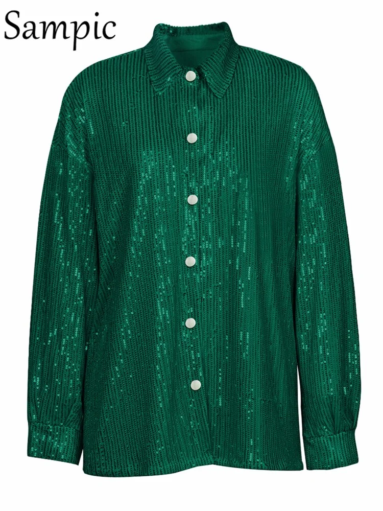 Sampic Elegant Female Y2K Sequins Club Shirt Tops 2022 Green Spring Summer Fashion Loose Sexy Party Women Long Sleeve T Shirts