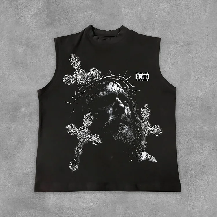 Retro Jesus Cross Graphic Print Cotton Tank Top