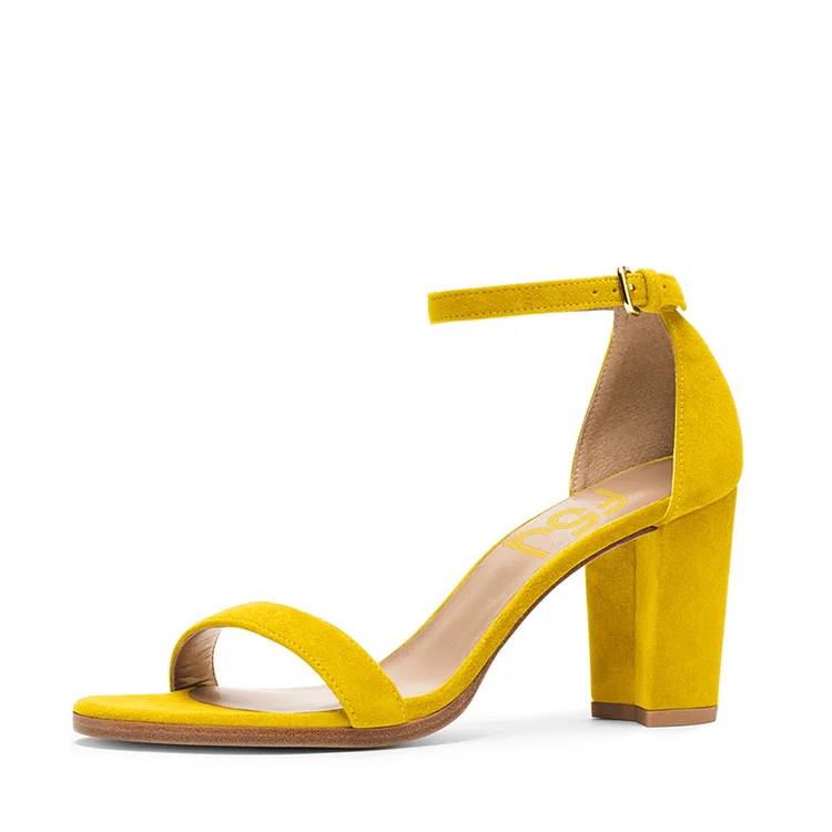 FSJ Yellow Vegan Suede Ankle Strap Sandals Open Toe Chunky Heels |FSJ Shoes