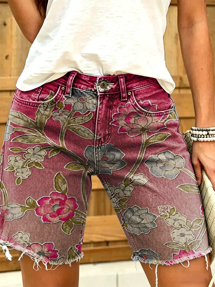 Women's Floral Print Frayed Hem Denim Shorts
