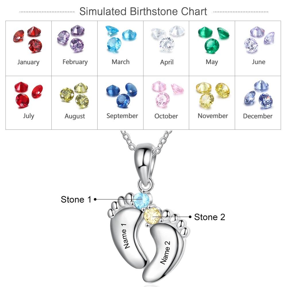 Baby Feet Necklace Birthstones Engraved Names or Date Necklace