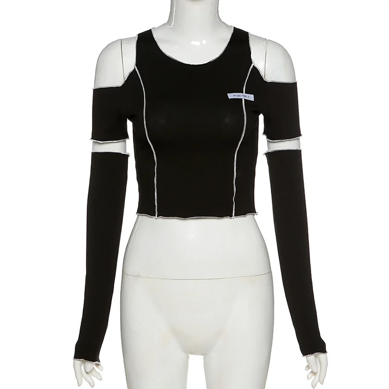 Toloer Toloer Women's 2023 New Fashion Logo Slim Round Neck Off-The-Shoulder Short T-Shirt Women-Outfit Ideas