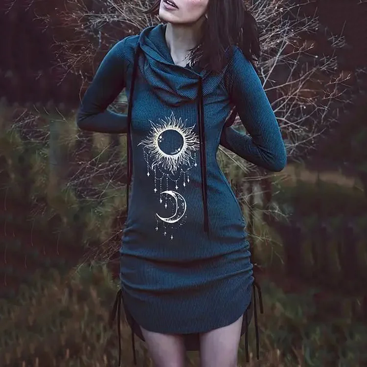 Retro Sun And Moon Print Stack Collar Dress