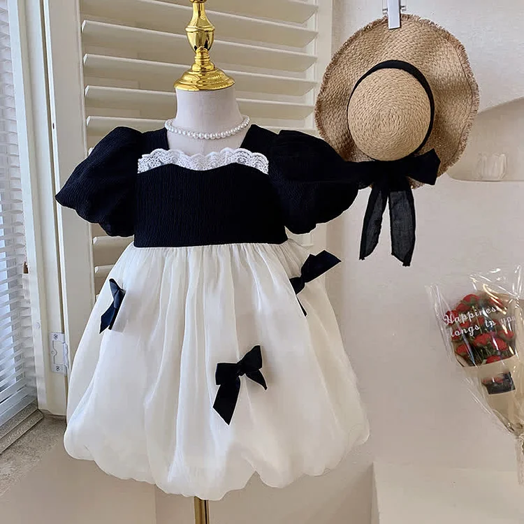Toddler Girls Puff Sleeve Bowknot Tulle Princess Dress  - Modakawa modakawa