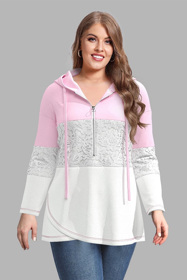 Flycurvy Plus Size Casual Pink Colorblock Lace Stitching Asymmetrical Hem Hoodie  flycurvy [product_label]