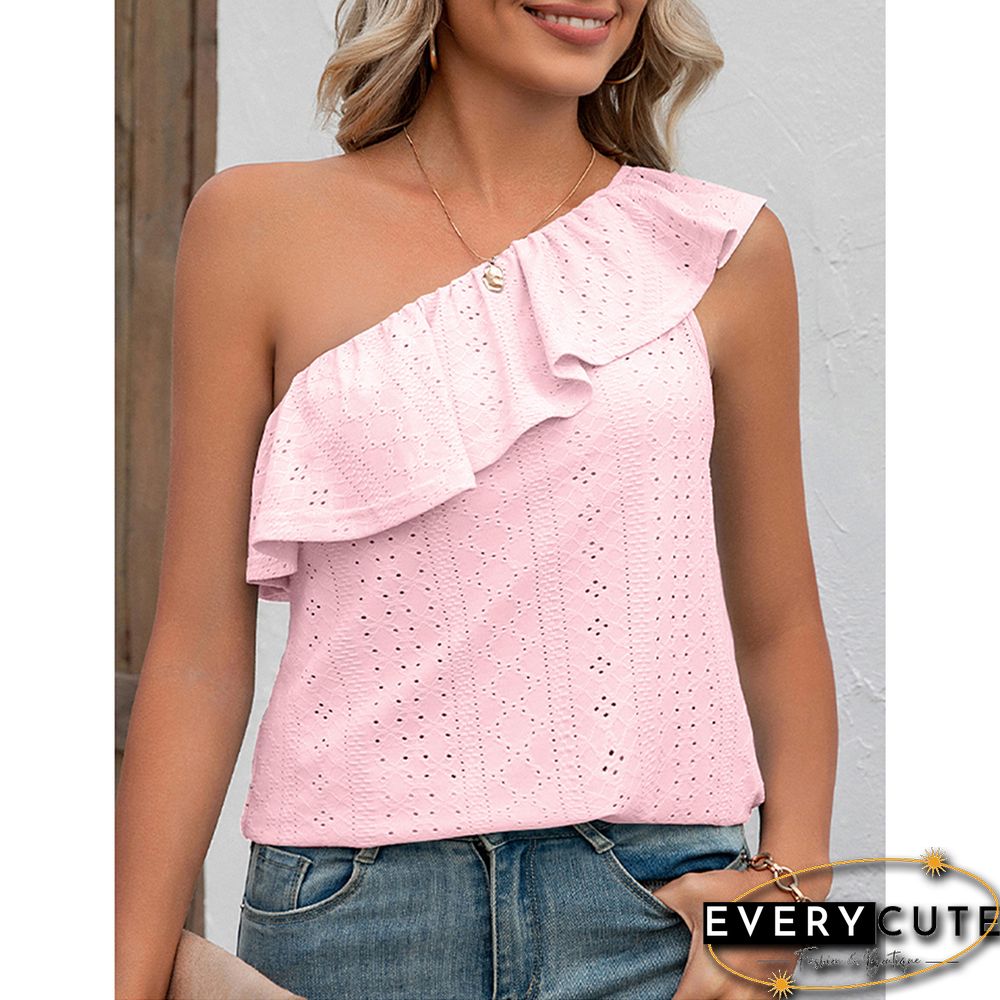 Pink Ruffled One Shoulder Tank Tops