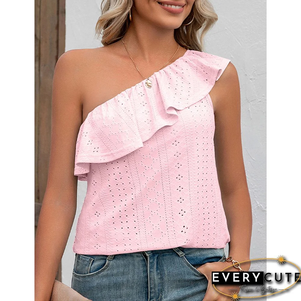 Pink Ruffled One Shoulder Tank Tops