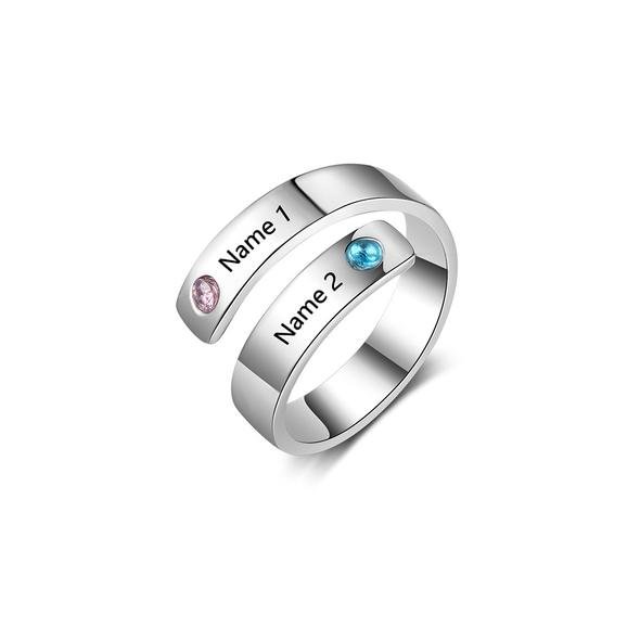 Engraved Adjustable Couple Ring with Birthstones