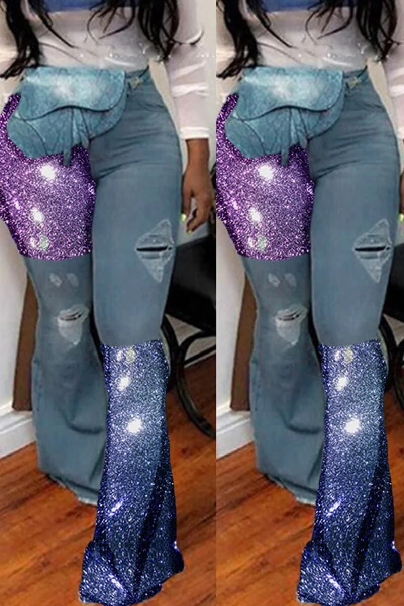 Fashion Hole Stitching Bright Silk Flared Jeans