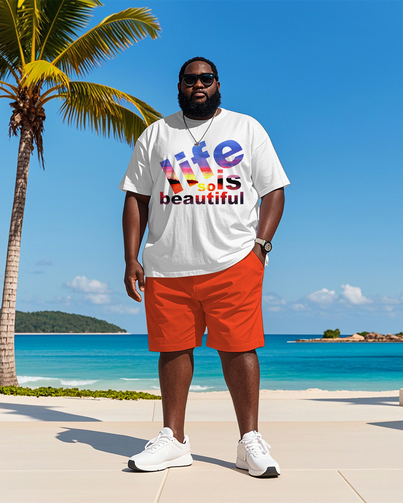 Men's Plus Size Hawaiian Gradient Life So Is Beautiful Letter Print Short Sleeve T-Shirt Shorts Suit