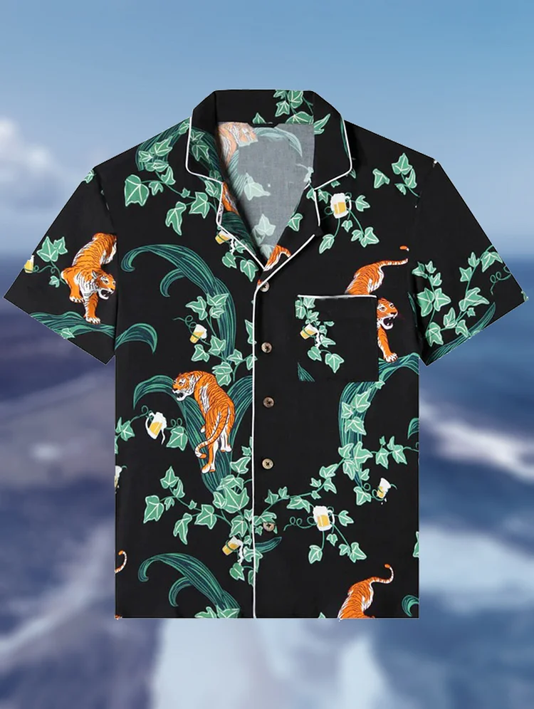 Men's Tiger Plant Art Print Short Sleeve Shirt